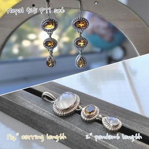 Vtg set | Citrine and rainbow moonstone  sterling silver earrings & pendant